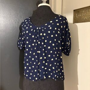 💜 Madewell Navy Blue Floral Blouse with Keyhole Back